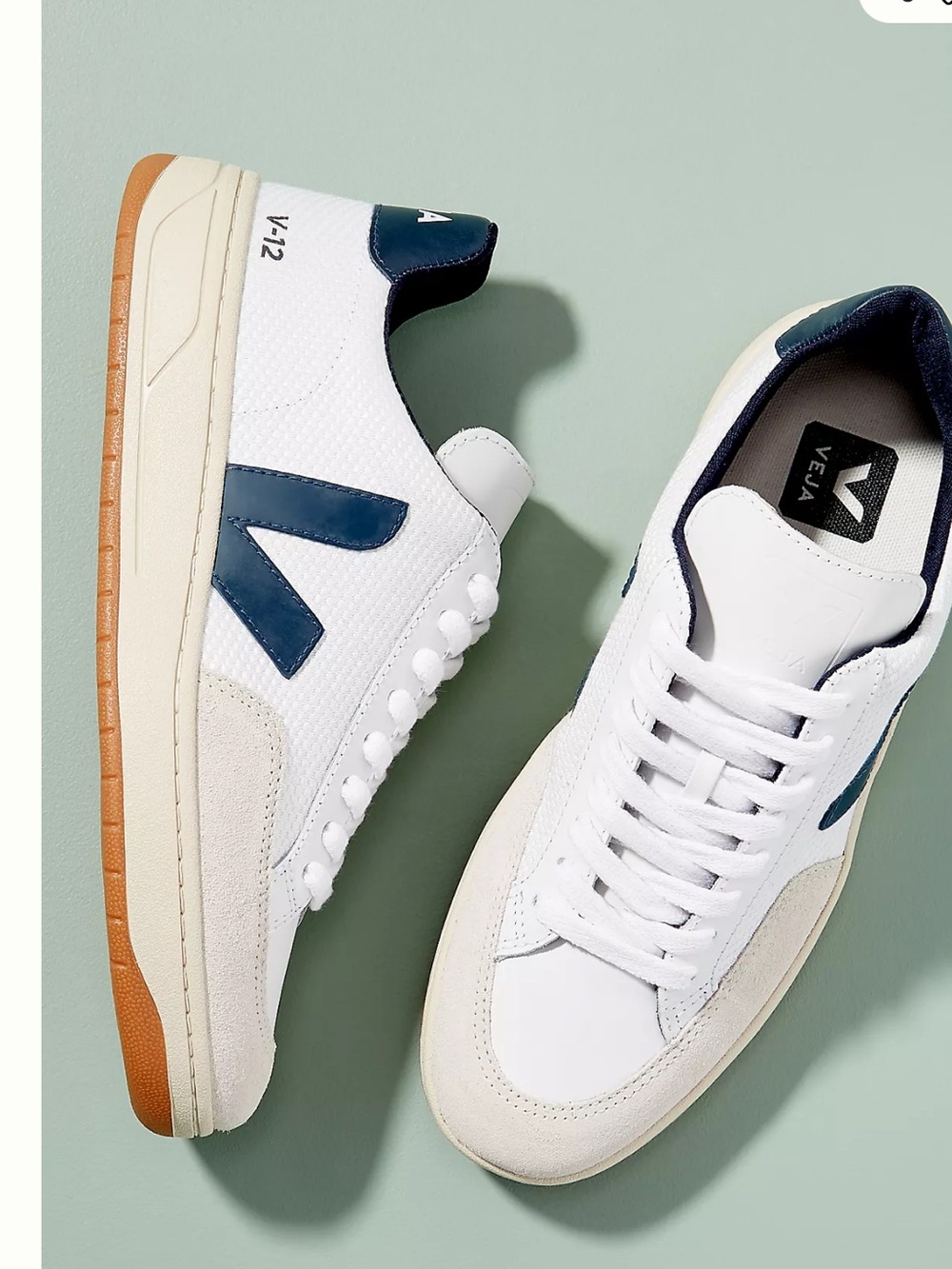 Veja V-12 women’s White Sneakers with Navy V Logo and Gum Sole